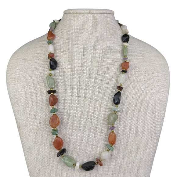 Multicolor Semi-Precious Gemstone Bead Necklace With Brass Accents Handmade OS - Picture 1 of 4